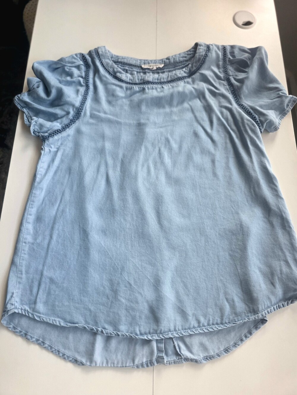 100% Tencel E&M Chambray Denim Blue Top with Button Back Ladder Lace